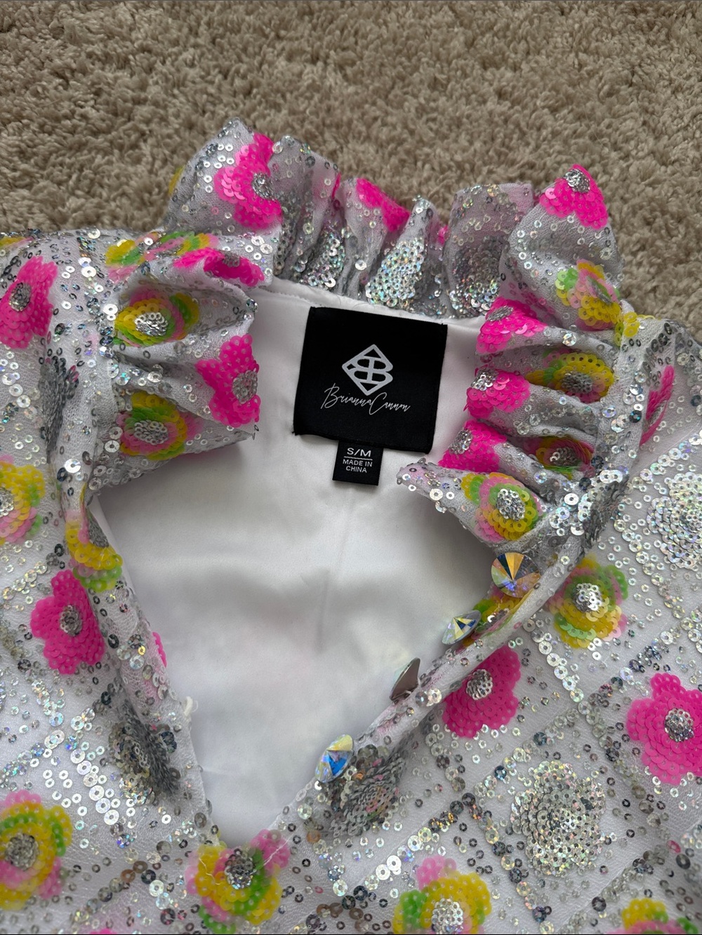 Brianna Cannon Silver Sequin Floral Shift Dress with Pink Accents - Picture 2 of 2